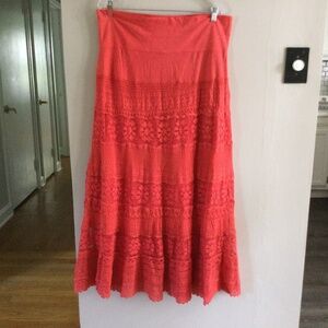 Bohemian Bird Cotton Coral Lace Maxi Skirt